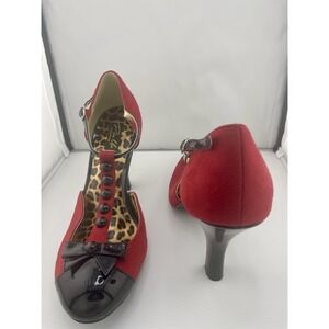 Pin Up couture sz 10 High Heels T-strap Smitten Red Vegan Suede Bows Studs